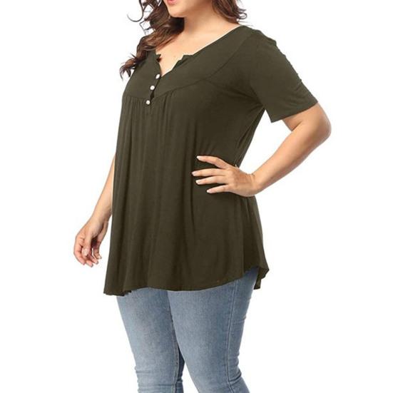Женская туника больших размеров, летняя рубашка с коротким рукавом и V-образным вырезом на пуговицах, повседневная свободная струящаяся блузка для пляжа, офиса, вечеринки, повседневная одежда