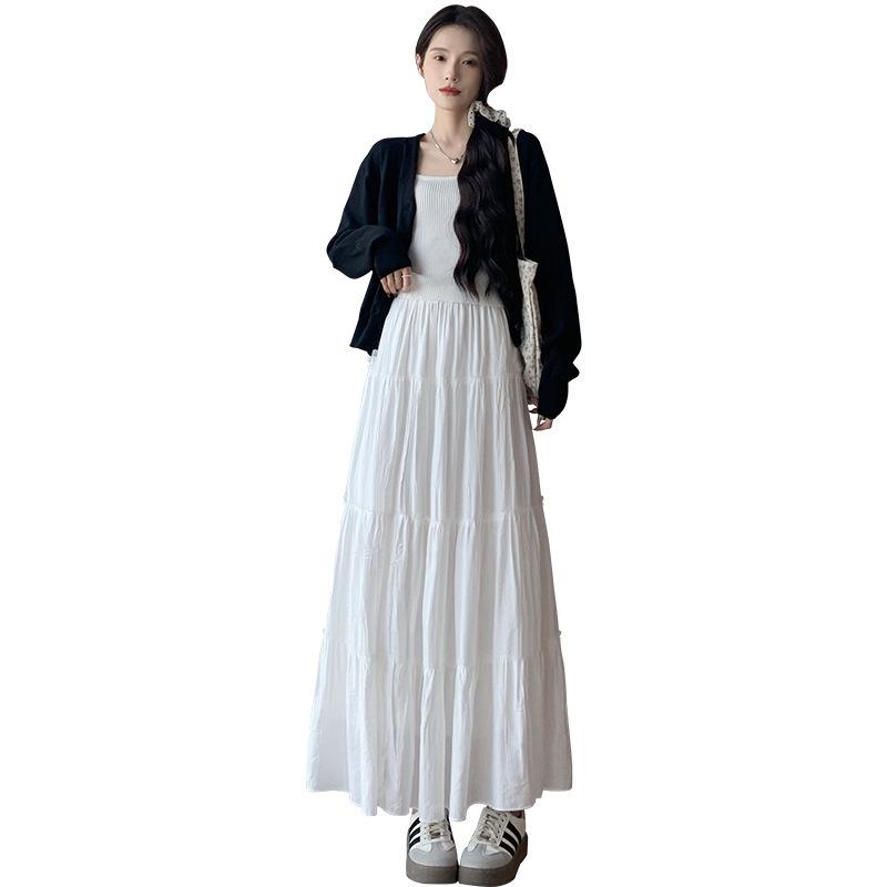 White A-line High Waist Pleated Long Skirt for Women - Spring/Summer 2026 Slimming Petite Layered Umbrella Design
