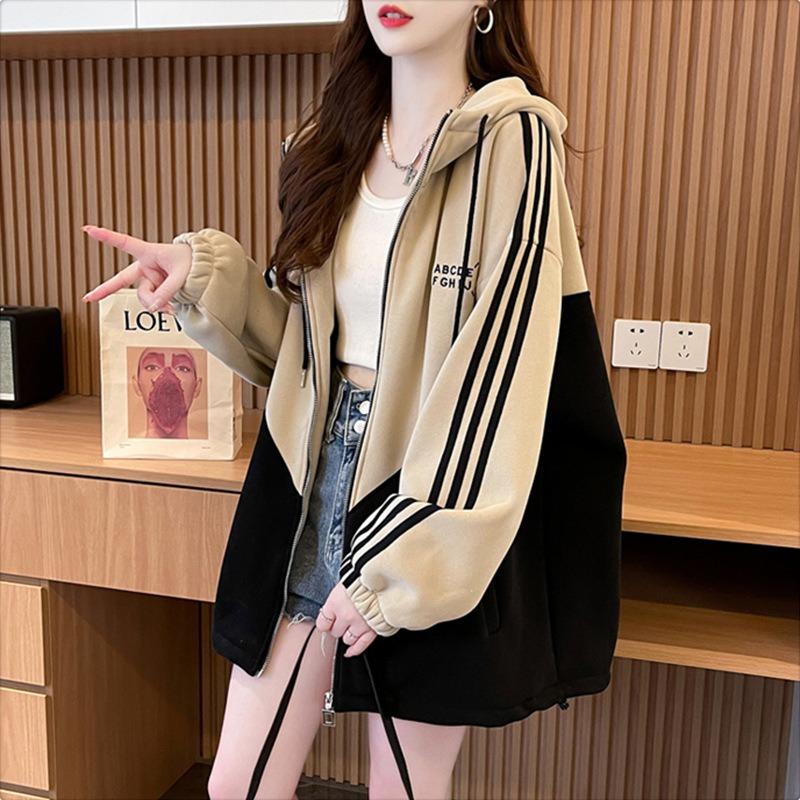 Women Color Block Mid Length Loose Hooded Open Cardigan Thin Casual Sweatshirt Coat