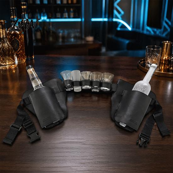 Двусторонний поясной чехол для винной бутылки, винтажный кожаный PU-пакет, двустороннее хранение с множеством отделений, водонепроницаемый регулируемый пакет для пивных банок, стаканов,