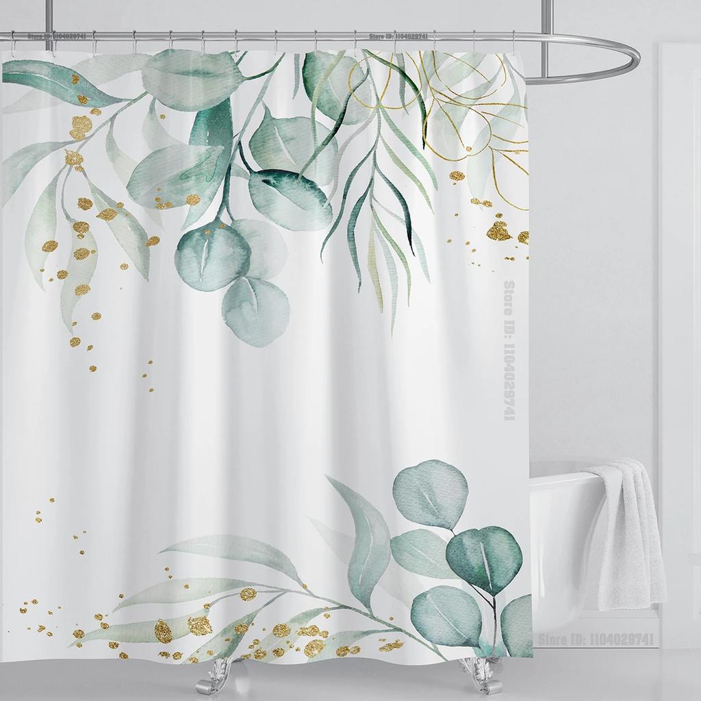Watercolor Leaves On The Top Plant With Floral Bathroom Greenery Leaf Decoration Watercolor Botanical Shower Curtain With Hooks