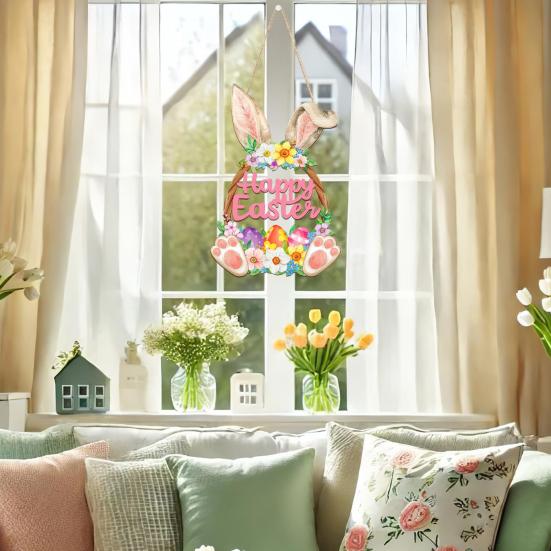 Yousheng Wooden Easter Door Wreath for Front Door Happy Easter Bunny Eggs Porch Sign for Spring Window Wall Hanging Decor