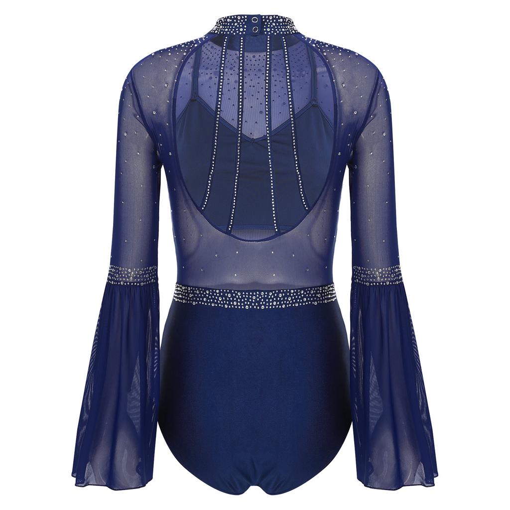 Женская лоскутная расклешенная рукава с открытой спиной, блестящая танцевальная одежда со стразами для гимнастики, джаза, латиноамериканского фигурного катания, балета