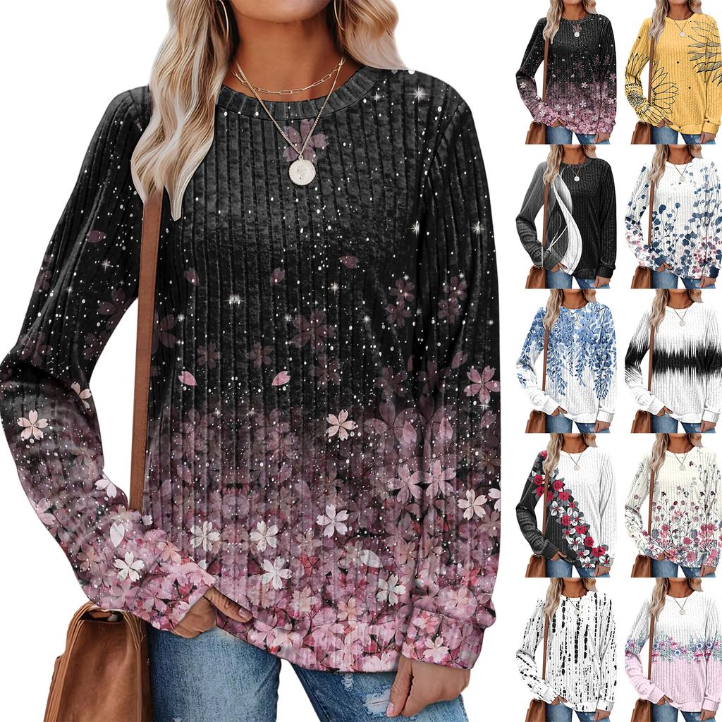 Fashionable Women's Long Sleeved Floral Printed Lightweight Sweater With Loose Round Neck Top