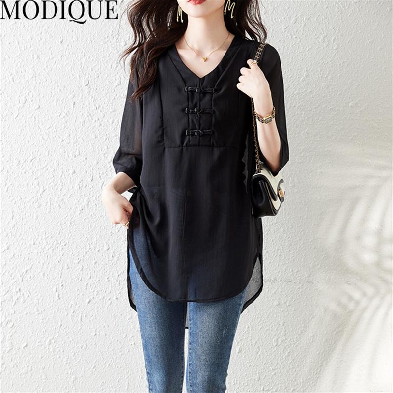 MODIQUE, летние большие размеры, женская хлопково-льняная шифоновая блузка, рубашки, однотонные летние пальто, большие размеры, с v-образным вырезом и половиной рукавов, на пуговицах