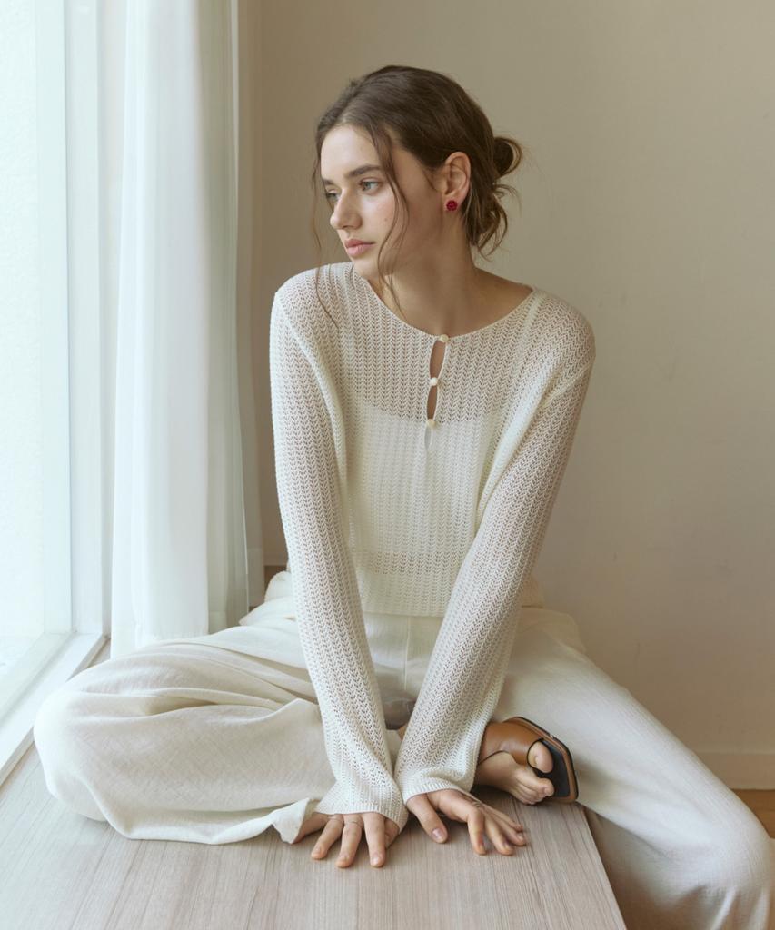 ADAUL Three Button Net See Through Knit - Ivory