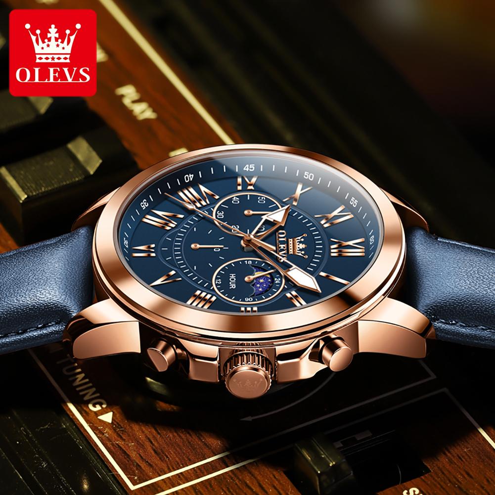 OLEVS 3632 Men Brand Watch Multi-functional Dial 24-hour Moon Phase Timekeeping 30m Waterproof Luminous Leather Strap Watch