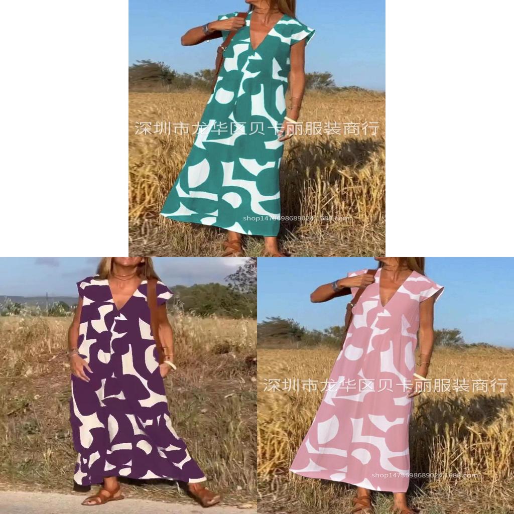Summer Ladies A Line Dress With Geometric Print And V Neck For Casual Wear