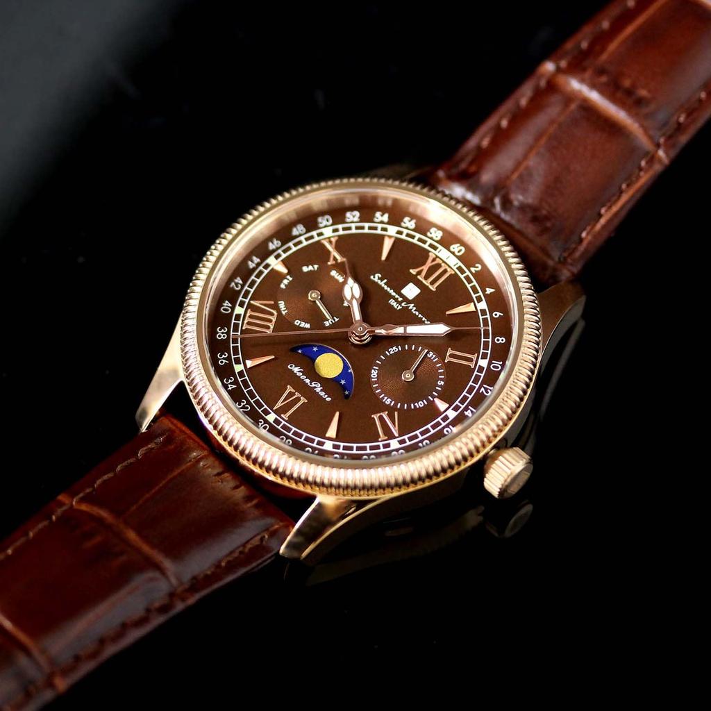 Watch Moon Phase Multi Calendar 5 ATM Water Resistant Business Formal Leather Belt Limited Model Pink Gold Brown [Salvatore Mara] Men's SM24110-PGBR