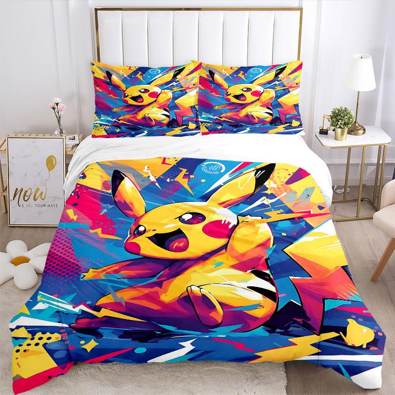 3pc Pikachu Bedding Set Guest Room Bedroom Decor Christmas Halloween Decor Birthday and Holiday Gifts- All Seasons 3pcs Quilt 119