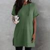 Women's Solid Color Loose Shirts Short Sleeve Drawstring Hoodies Knit Side Slit Tunic Hooded Tops With Pocket