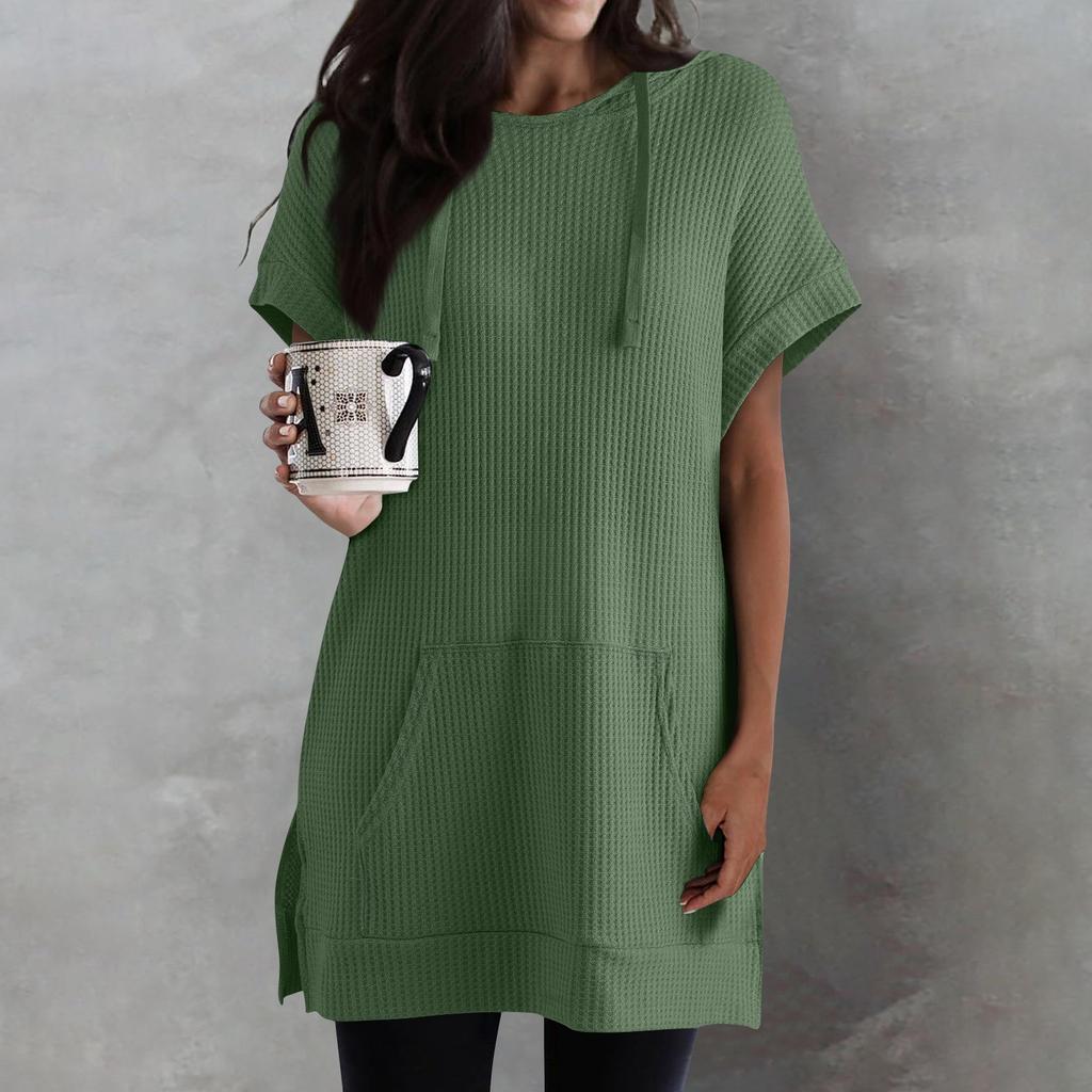 Women's Solid Color Loose Shirts Short Sleeve Drawstring Hoodies Knit Side Slit Tunic Hooded Tops With Pocket