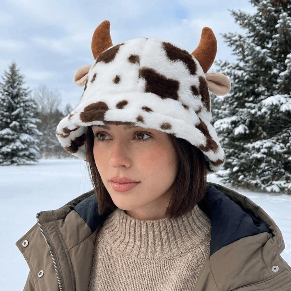 Thicken Plush Fisherman Hat Fluffy Winter Plush Hat Cute Cow Horn Bucket Hat Autumn