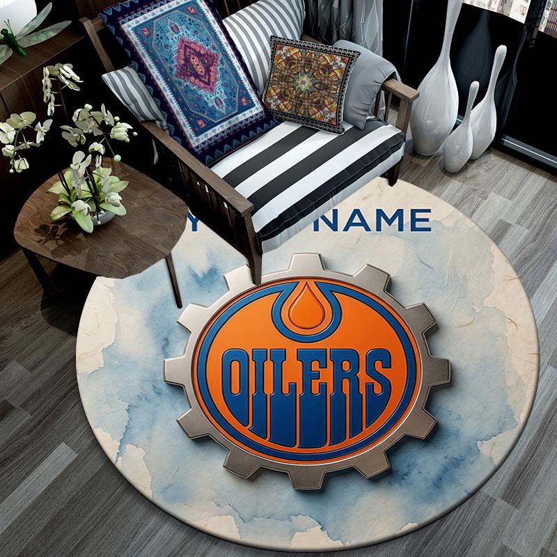 Custom Name,Edmonton Oilers pattern round rug,Carpet Rug for Living Room Bedroom Playroom ,Non-slip Floor Mat,Holiday Gifts and Birthday Gifts.
