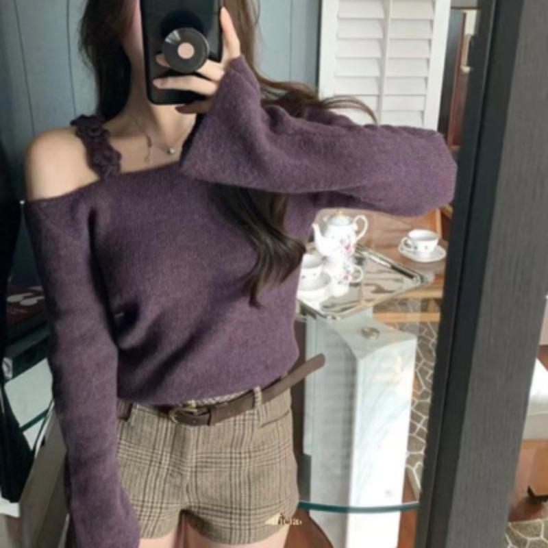 Ретро-свитера с открытыми плечами, свитера для женщин, осенние вязаные свитера с длинным рукавом, женские топы, элегантный шикарный цветочный слинг, винтажный зимний трикотаж 26052