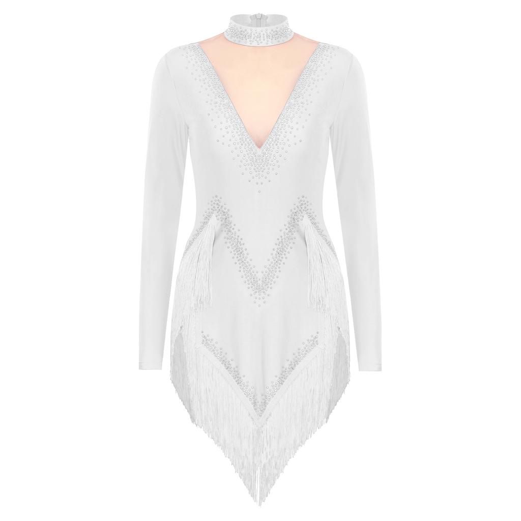 Женское платье для латиноамериканских танцев с воротником-стойкой, длинным рукавом и асимметричным подолом, украшенное блестящими стразами и бахромой, костюм для выступлений