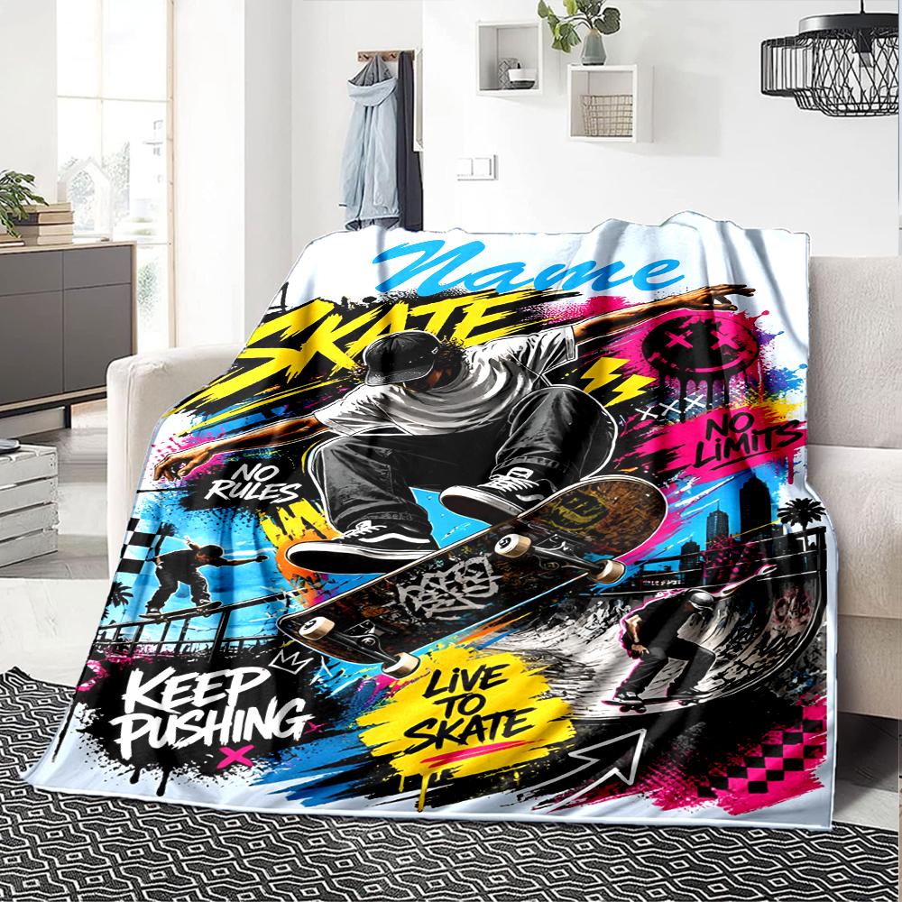 Custom Name skateboard Theme Printed Blanket - Perfect for Couch, Bed, Travel & Outdoor Use | Machine Washable, Cozy & Durable.