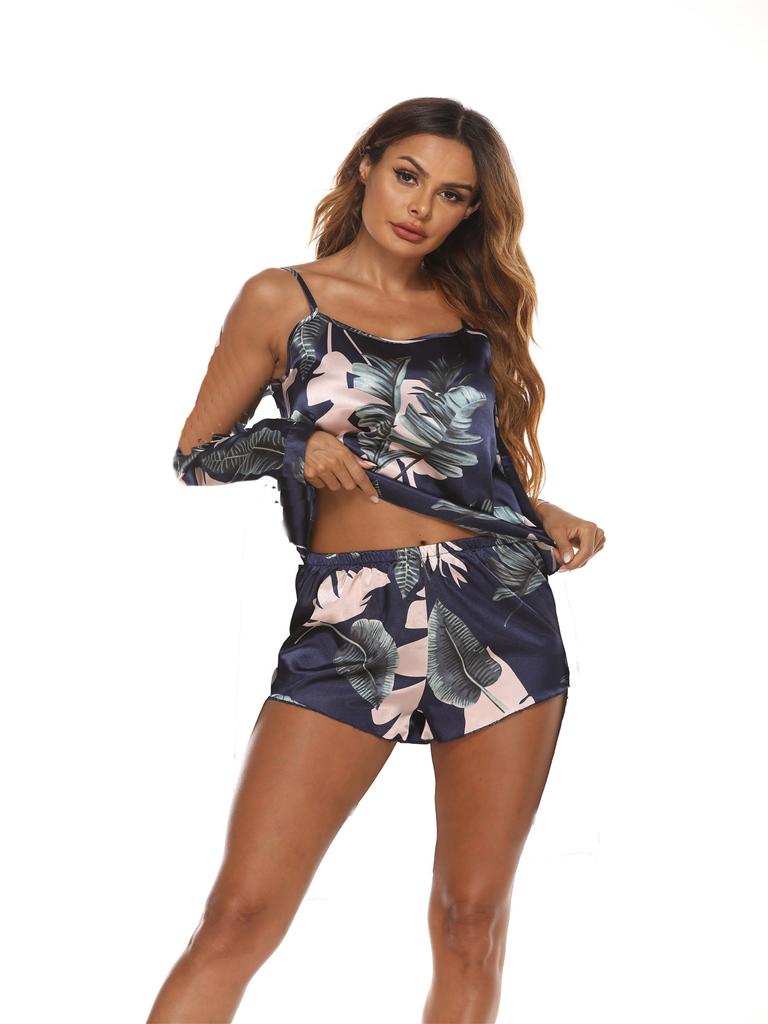 European and American Style Women's Sexy Satin Loungewear Two Piece Camisole and Shorts Pajamas Set Summer Fashion Printed  Homewear