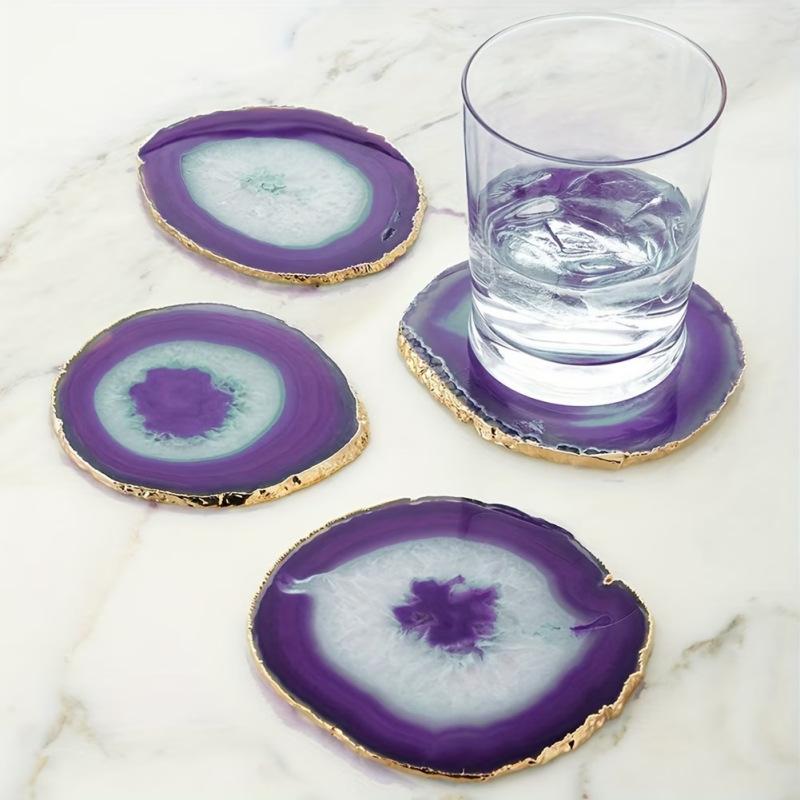 Natural stone personalized agate electroplated gold edged coaster, home decoration insulation pad, table pad blue