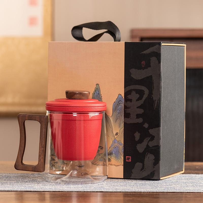 Ручка из черного сандала, офисная кружка, керамическая вставка-фильтр, стеклянная чашка для чая, высококлассная, защита от ожогов, подарочная коробка, портативный подарок