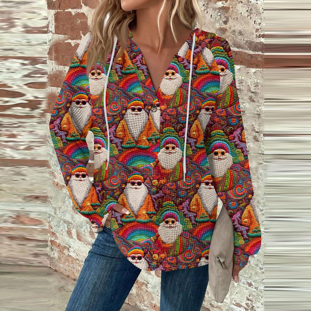 Женская мода с длинным рукавом, завязками на шнурке, капюшоном, пуговицами, V-образным вырезом, повседневная толстовка с капюшоном и рождественским принтом