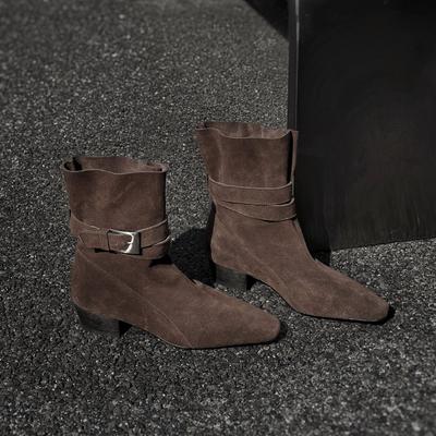 3,5 см ретро рукав два способа носки квадратный носок короткие ботинки женские 2025 осень новые пряжка ремня толстый каблук бандажные модные ботинки