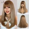 Long Straight Synthetic Wigs for Women Brown Wigs with Bangs Daily Hair Wigs Heat Resistant