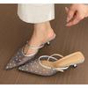 New Style Crystal High Heels Women Slippers Pointed Toe Mesh Mules Shoes Women's Sandals Elegant Summer Fad Slides Ladies Shoes