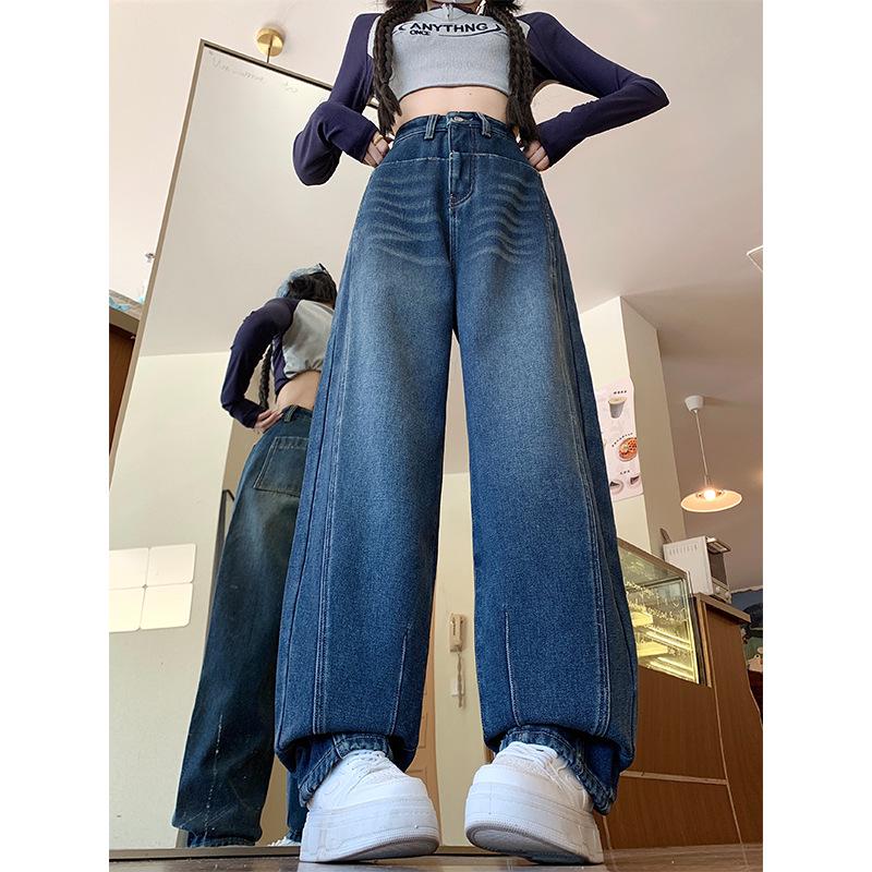 Женские джинсы с широкими штанинами на флисовой подкладке: Уютный осенне-зимний стиль, дизайн «ятаган», большой размер, идеально для фигуры «груша», длина до пола.