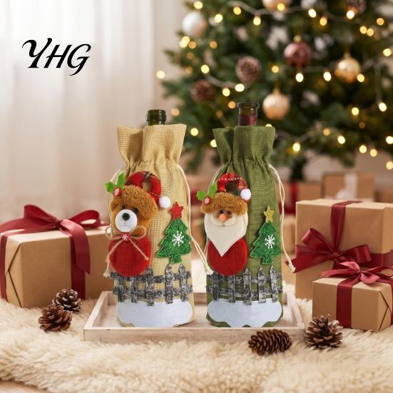 Reusable Linen Wine Bags Christmas Bottle Cover, Santa Claus/Snowman/Elk/Bear Gift Bag with Sticker Decals, Holiday Party Favors Favor Decor, Festive