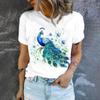 2024 Fashion Trend New Simple Short Sleeved Top Summer Loose Casual Crewneck T-shirt Peacock Print Women's White T-shirt