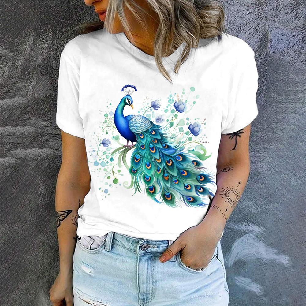 2024 Fashion Trend New Simple Short Sleeved Top Summer Loose Casual Crewneck T-shirt Peacock Print Women's White T-shirt