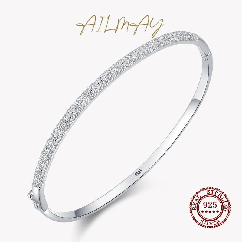 Ailmay Genuine 925 Sterling Silver Fashion Dazzling Clear Zircon Bracelets Crystal Wedding Lady Classic Romantic Jewelry