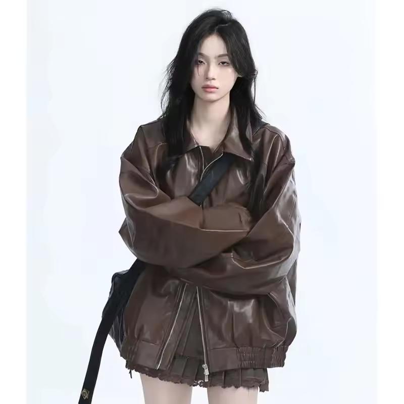 Ретро женская куртка из искусственной кожи на молнии, весенне-осеннее женское пальто с длинными рукавами, женская верхняя одежда из ПУ кожи