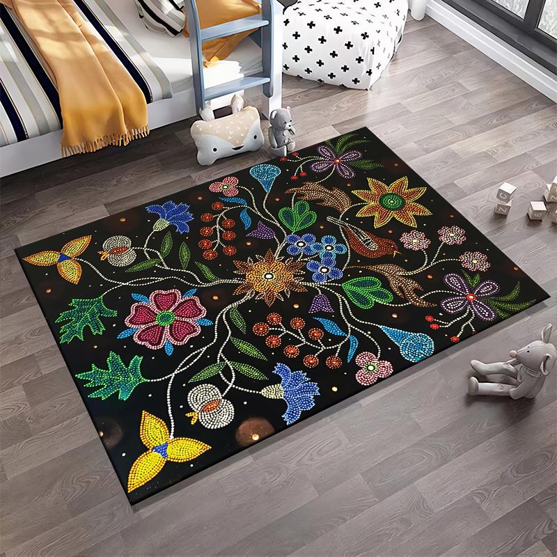 Colorful Floral Pattern Carpet with Mandala Style on Black Background Suitable for use as an anti-slip for living room bedroom sofas