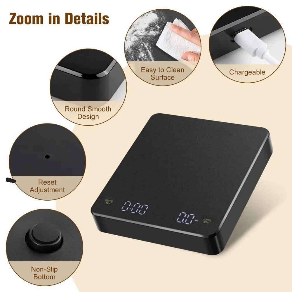 Цифровые кофейные весы с таймером, светодиодным экраном, эспрессо, USB, макс. 3 кг, вес 0,1 г, высокоточные измерения в унциях/мл/г, кухонные весы