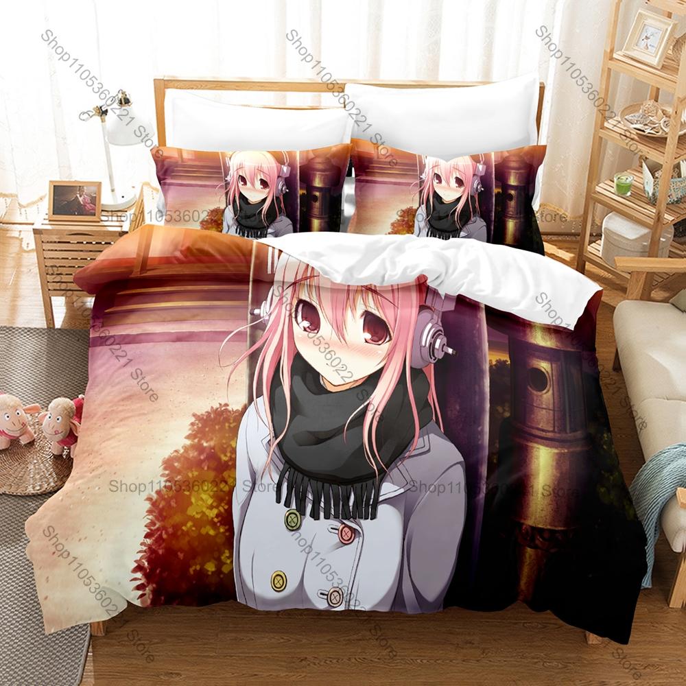 Anime Style Bedding Set, Duvet Cover + 2 Pillowcases, Super Sonico Design Comfortable Home Bedding Supplies