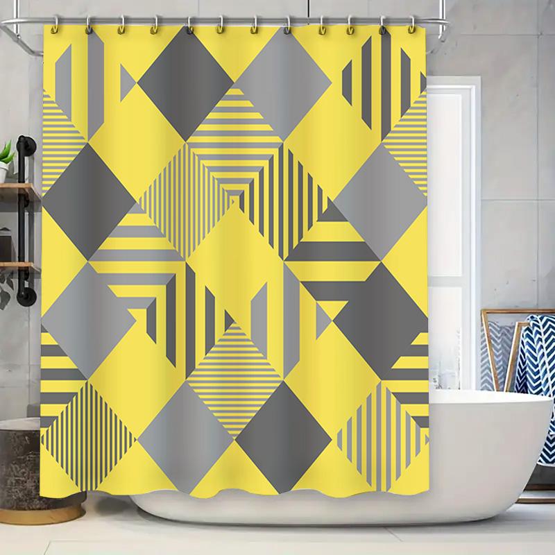 Modern Geometric Pattern Bathroom Shower Curtain Set Decorative Home Accessory in Bold Yellow Gray Colors for Bathrooms.