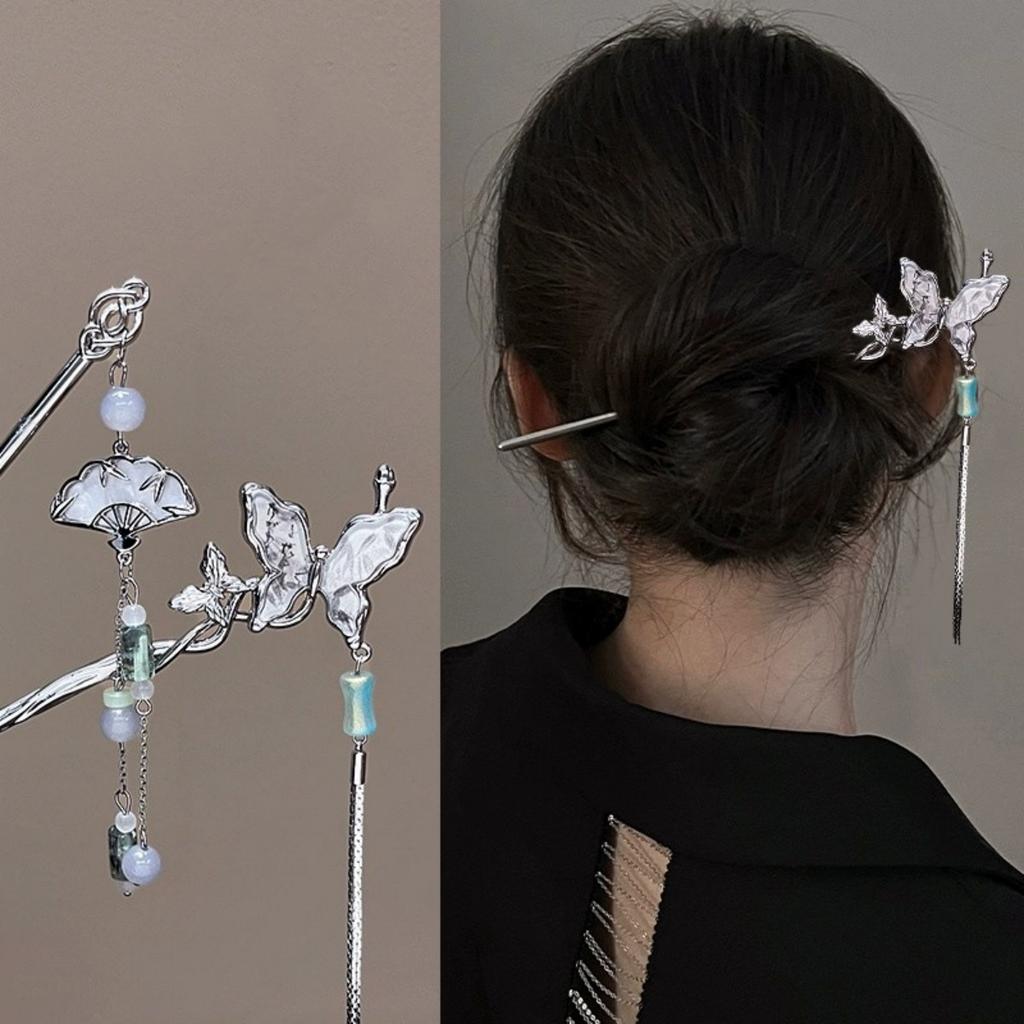 Fashion Metal Jewelry Hairpin For Women Ink Wash Style Folding Fan Erhu Butterfly Tassel Hair Stick Girls Trendy Hair Accessory