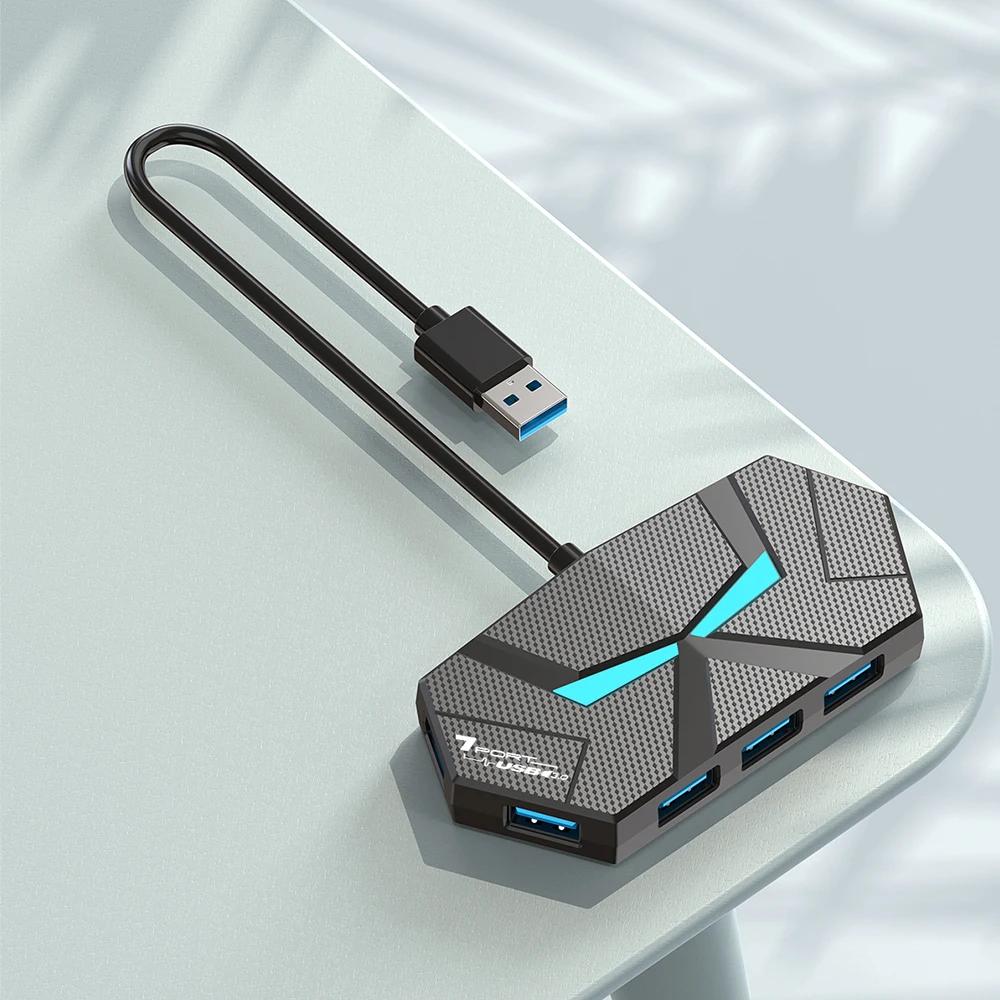 7 портов USB 3.0 HUB Док-станция Type C 5 Гбит/с Высокоскоростная передача Адаптер-разветвитель Для ноутбука Жесткий диск Мышь Клавиатура