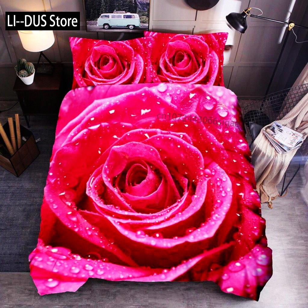 Комплект постельного белья с цветочным принтом King Microfiber Red Rose Blossom Flower Комплект постельного белья Red Botanical Покрывало для пододеяльника Romantic Quilt Cover