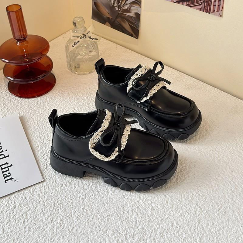 Girls Princess Loafer Shoes With Bow Trim PU Leather Flat Slip-On Fall