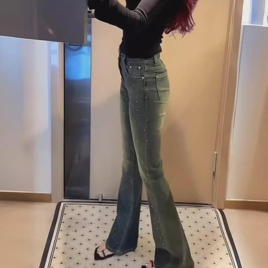 Spring Retro High Waist Distressed Denim Flared Jeans for Women