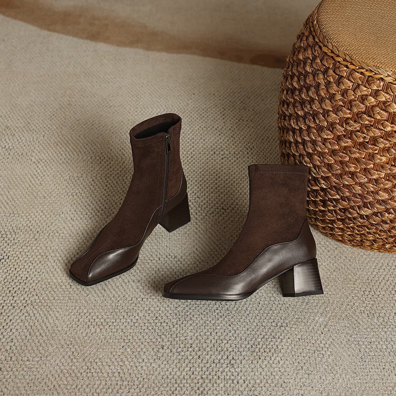 Krazing Pot Cow Skin Flock Autumn Winter Shoes Big Size Modern Boots Med Heels Patch Work Square Toe Keep Warm Size 43 Ankle Boots