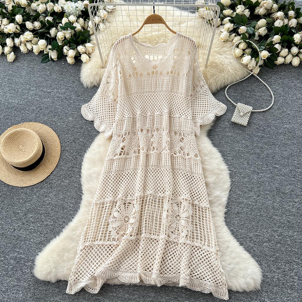 Dimanaf 2025 Новое летнее женское длинное трикотажное платье с рукавами Базовые модные кружевные платья Повседневные свободные