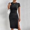Summer Slim Black Package Hips Knee-length Dress Women O-neck Side Slit Bodycon Dresses Short Sleeve Elastic Casual Skirt Female