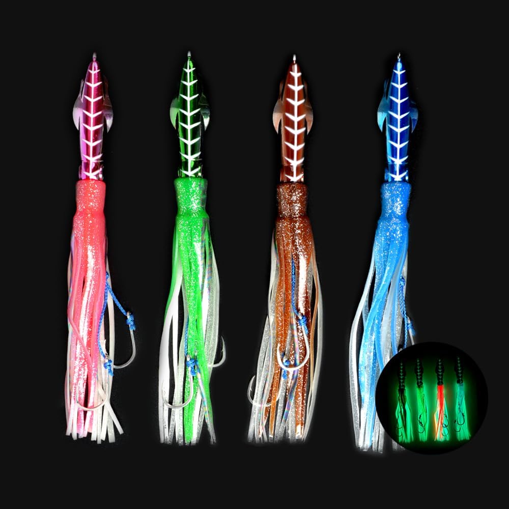 Tolure 200g 3D Eye Luminous Metal Jig with PVC Tail, All 4 Colors- Octopus Design for Saltwater Fishing: Tuna, Snapper, Mackerel & More