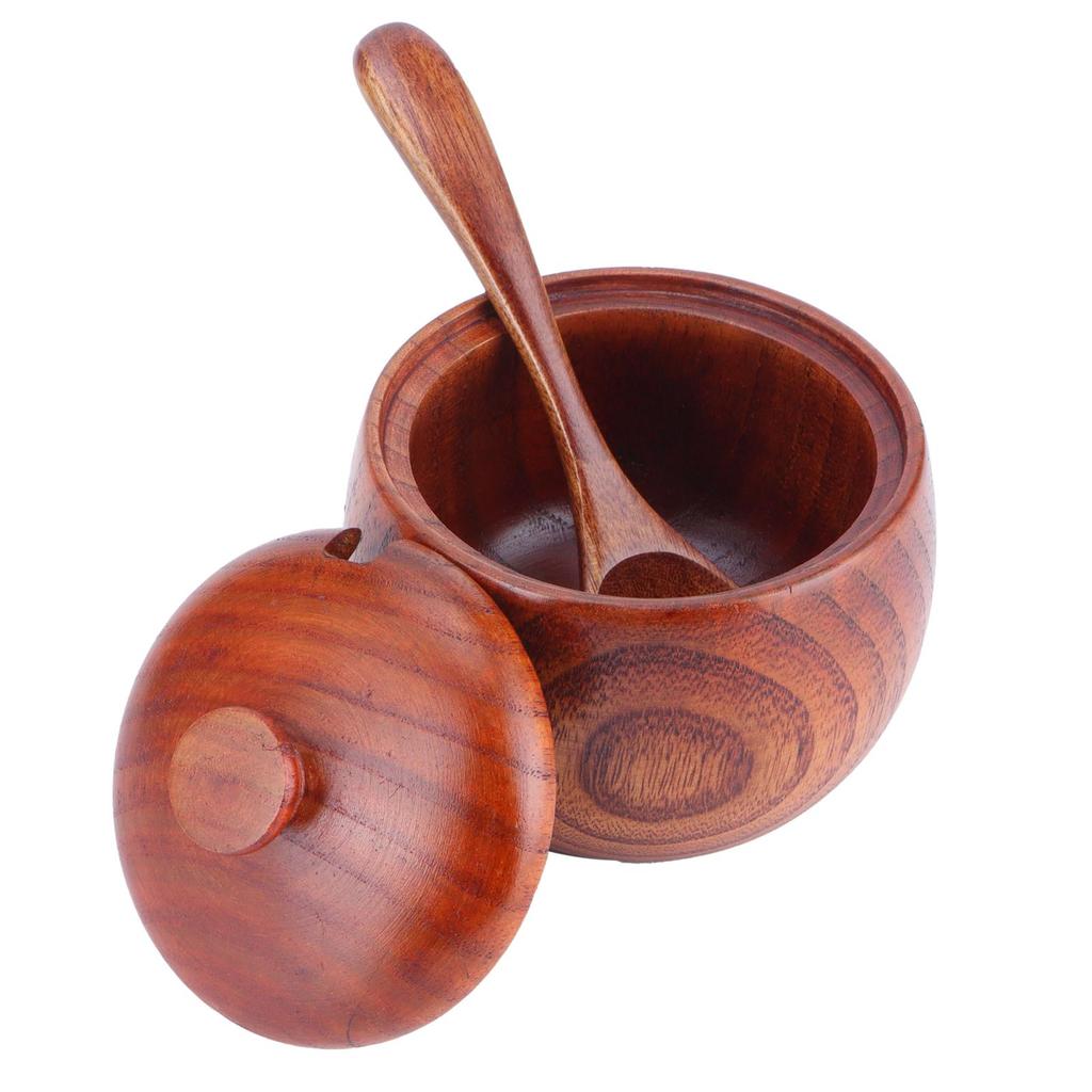 Wooden Salt Box with Lid Spoon Vintage Spice Jar Seasoning Container Cooking Utensil