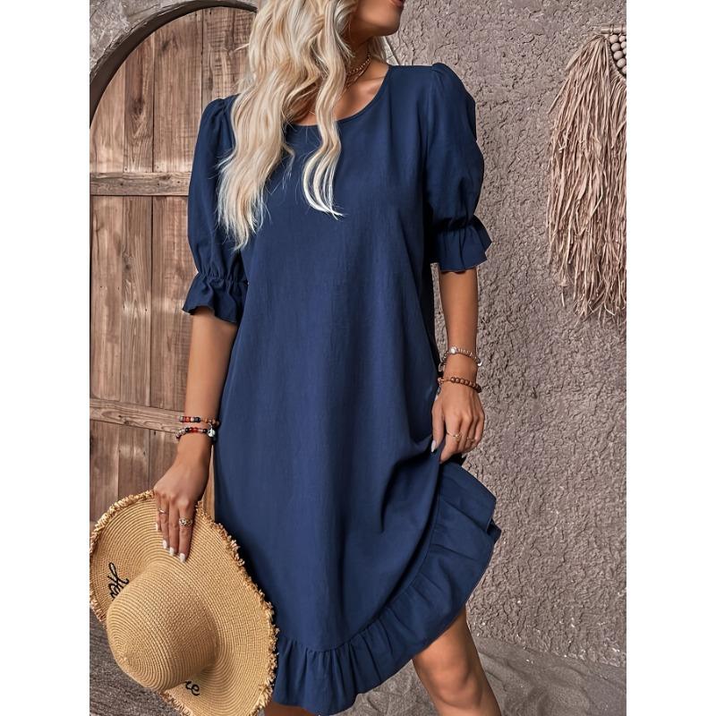 Solid Color Half Sleeve Dress, Casual Crew Neck Dress For Spring, Women's Clothing