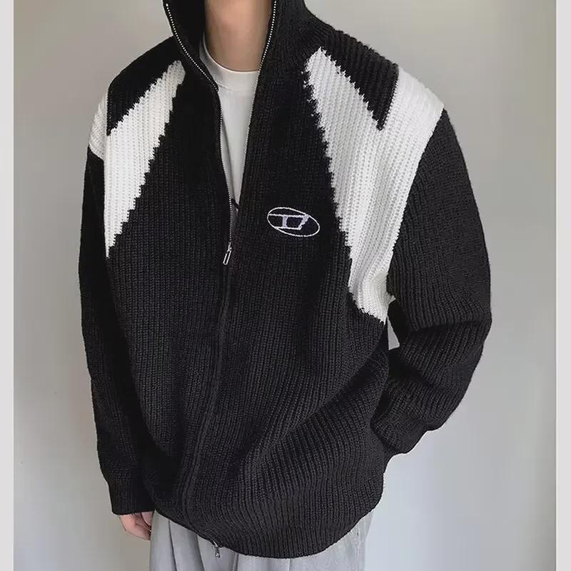 Мужской кардиган на молнии в американском стиле: Осенне-зимний трендовый уличный свитер с воротником-стойкой, длинным рукавом, ленивой и свободной вязкой
